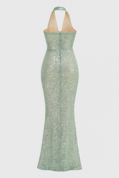 Elsinx Green Backless Sequin Maxi Dress