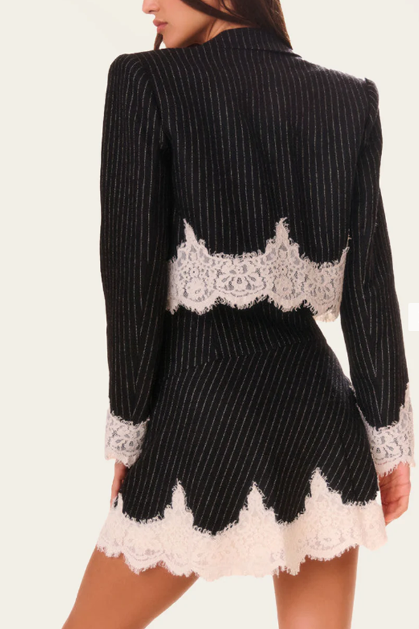 Emily in Paris Striped Lace Trim Lapel Crop Loose Blazer (Shipped Within 24 Hours)