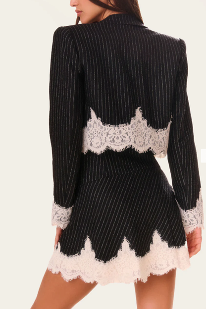 Emily in Paris Striped Lace Trim Lapel Crop Loose Blazer (Shipped Within 24 Hours)