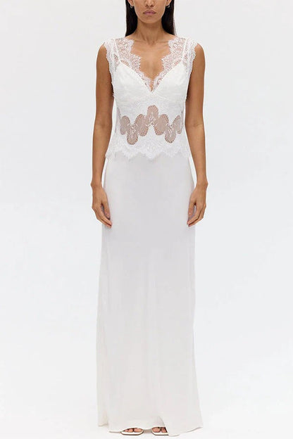 Effortless Elegance Satin Sheer Lace Patchwork V-neck Drape Maxi Dress