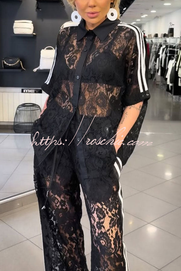 Mix Fashion Lace Striped Trim Short Sleeve Button Shirt and Elastic Waist Pocket Loose Pants Set