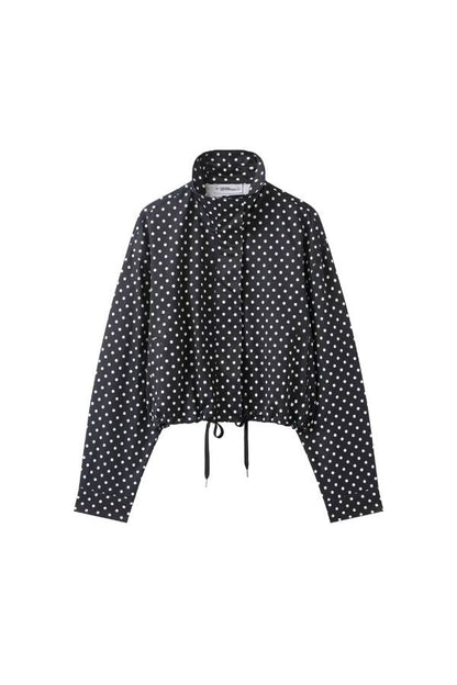 Polka Dot Print Stand Collar Zip-Up Drawstring Cropped Jacket