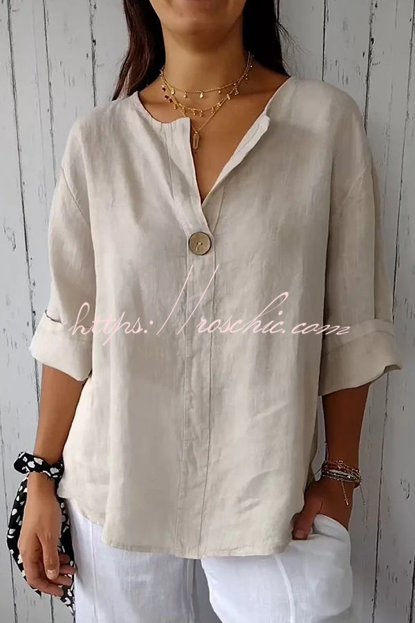 Solid Color Casual Button V-neck Loose Top