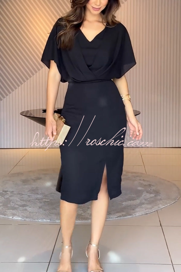 Mystic Moment Chiffon Slit Batwing Sleeve Pencil Midi Dress