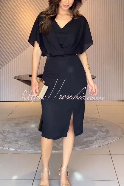 Mystic Moment Chiffon Slit Batwing Sleeve Pencil Midi Dress