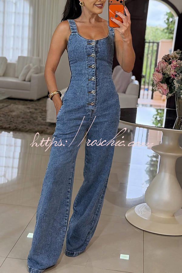 Heidi Denim Square Neck Button Back Smocked Pocket Flare Stretch Jumpsuit