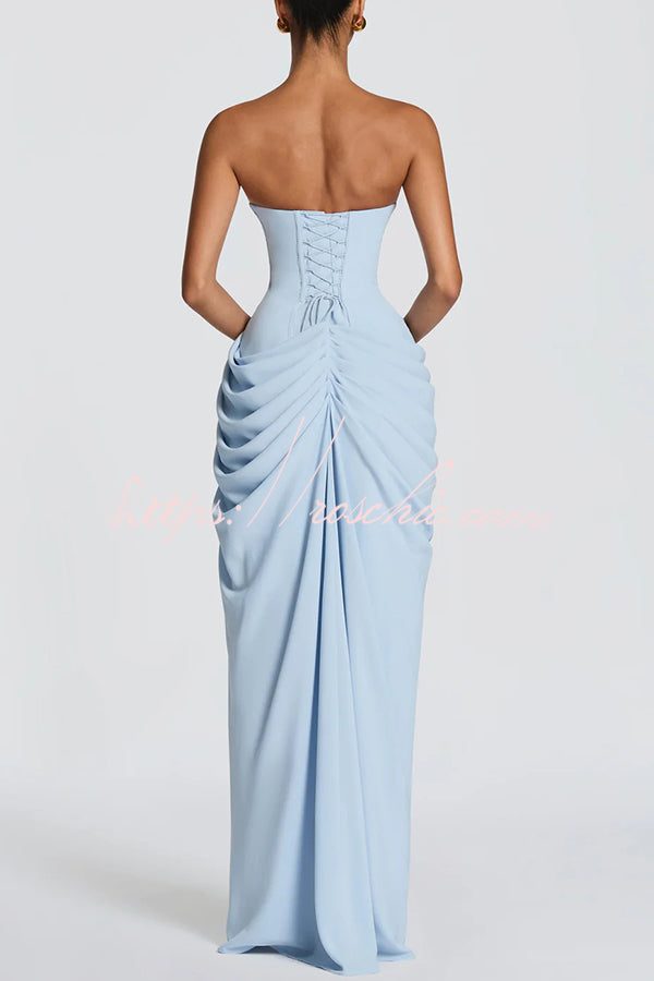 Cyra Back Lace-up Asymmetrical Pleats Strapless Slit Maxi Dress(Buy 2 Get Free Shipping)