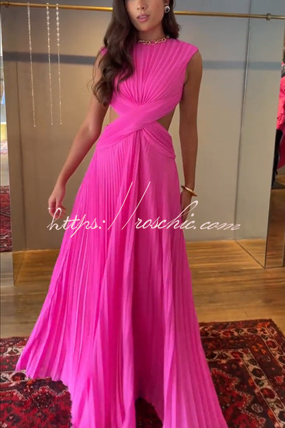 Tamia Pleated Chiffon Fabric Crossover Cutout Waist Open Back Maxi Dress