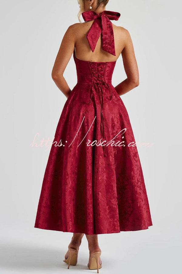 Stylish Jacquard Halter Neck Fitted Waist Open Back Elegant Midi Dress
