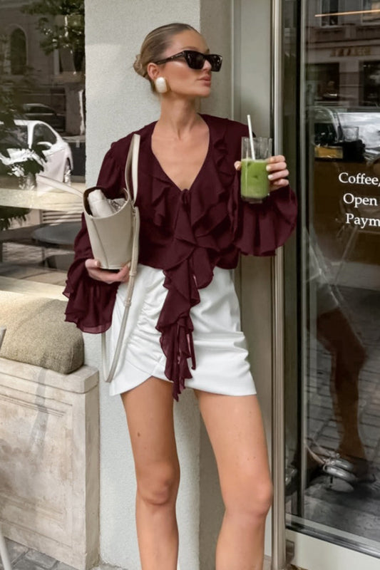 French V Neck Ruffle Blouse