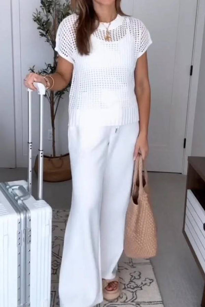 Women Round Neck Hollowed Out Top+ Pants Casual Suit