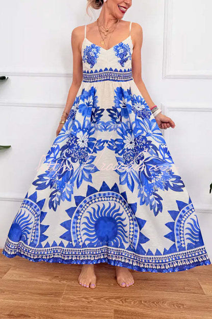 Bohemian Art Print Blue and White Striped Sundress