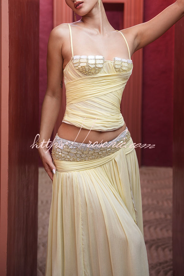 Romantic Sunset Pleated Chiffon Crystals & Beads Detail Back Lace-up Slip Tank