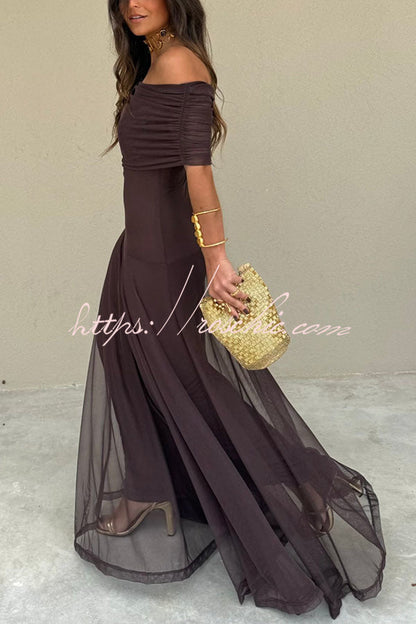 In My Arms Mesh Ruched Strapless Paneled Drape Flare Maxi Dress