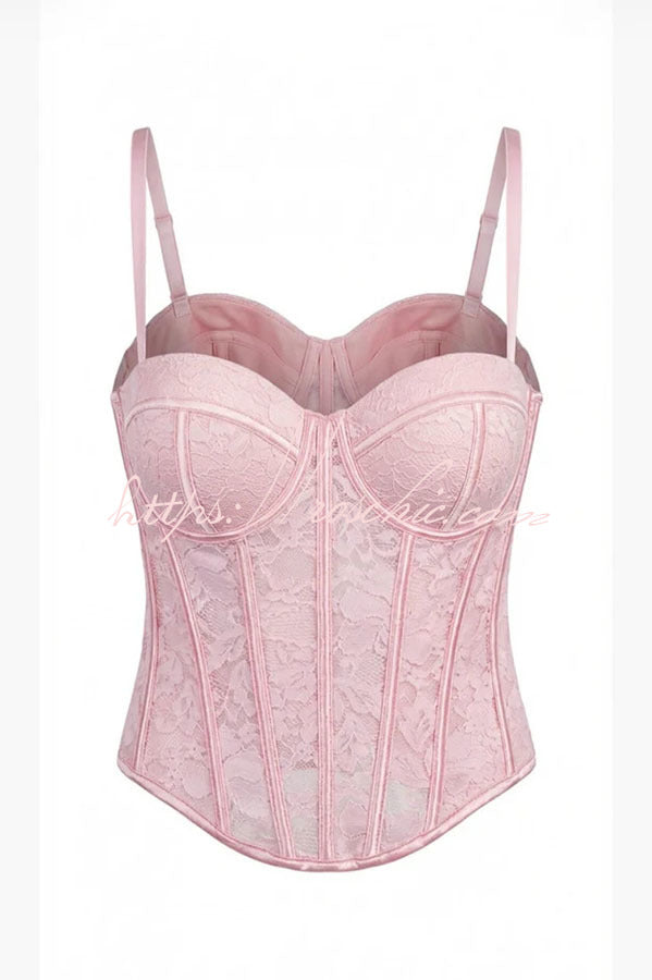 Pure Romance Raised Floral Lace Sweetheart Neck Corset Tank Top