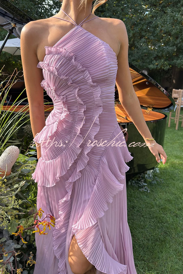 Dream Ode Lily Pad Style Pleats and Ruffles Halter Gown Maxi Dress