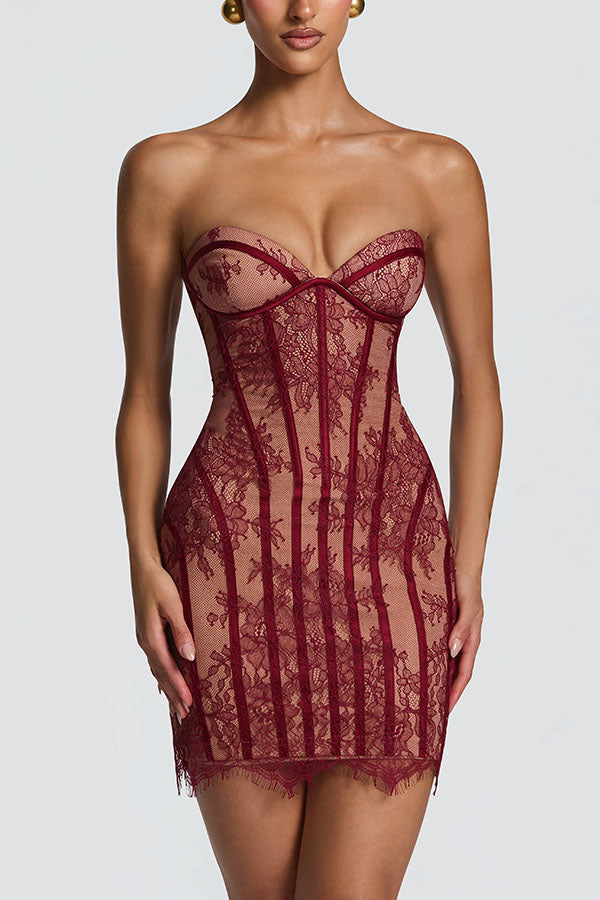 Jaya Floral Lace Contrast Structural Detail Back Lace-up Strapless Slit Mini Dress