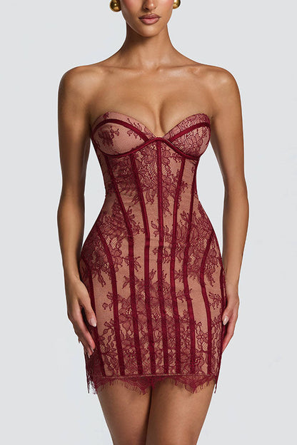 Jaya Floral Lace Contrast Structural Detail Back Lace-up Strapless Slit Mini Dress