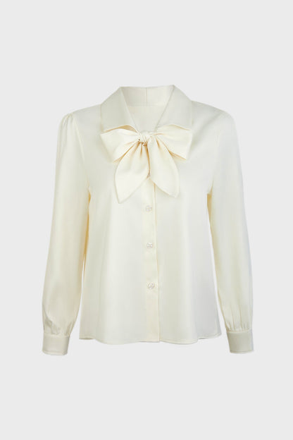 Ivory Satin Tie-Neck Long Sleeve Shirt