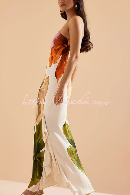 Love Filled Floral Print One Shoulder Side Ruffles Maxi Slip Dress