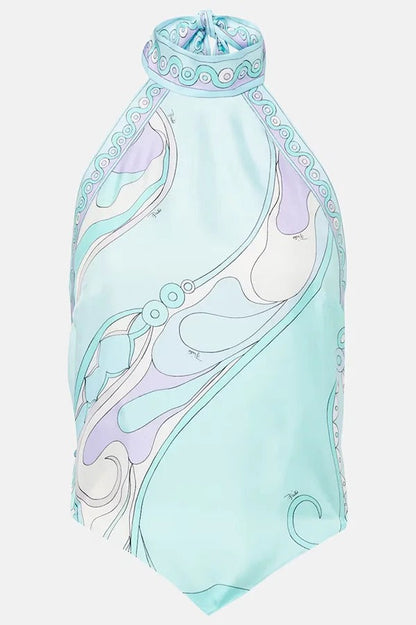 Satin Unique Print Halter Top and Irregular Midi Skirt Set