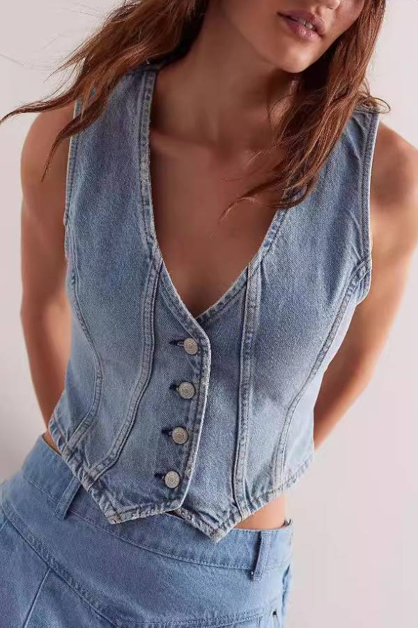 Vintage Distressed Waist-Cinched Sleeveless Denim Vest