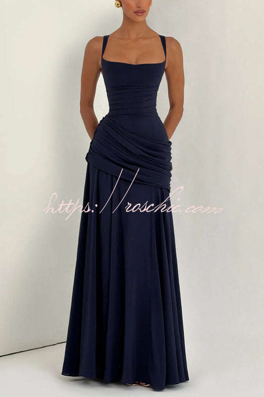 Stylish Spaghetti Strap Square Neck Slim-fit Elegant Pleated Maxi Dress