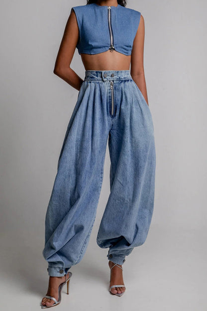 Fashion High Waist Vintage Zipper Cuffed Loose Jeans