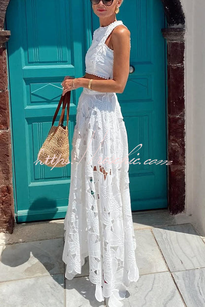 Next Trip Floral Embroidery Crochet Lace Crop Tank Top and Elastic Waist Pocket Maxi Skirt Set