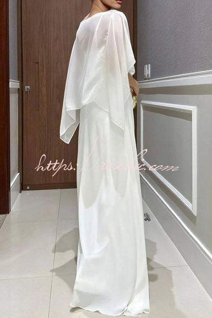 Vivian Chiffon Cape Top and  Metal Buckle Wrap Wide-Leg Pants Set