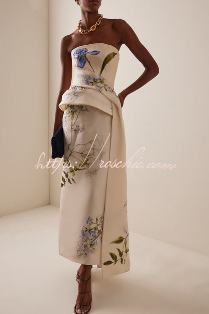 Architectural Tailor Iris Bouquet Print Strapless Draped Peplum Gown Midi Dress