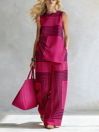 Geometric Print Loose-fitting Round Neck Sleeveless Top and Elastic Waist Casual Pocket Wide-leg Pants Set
