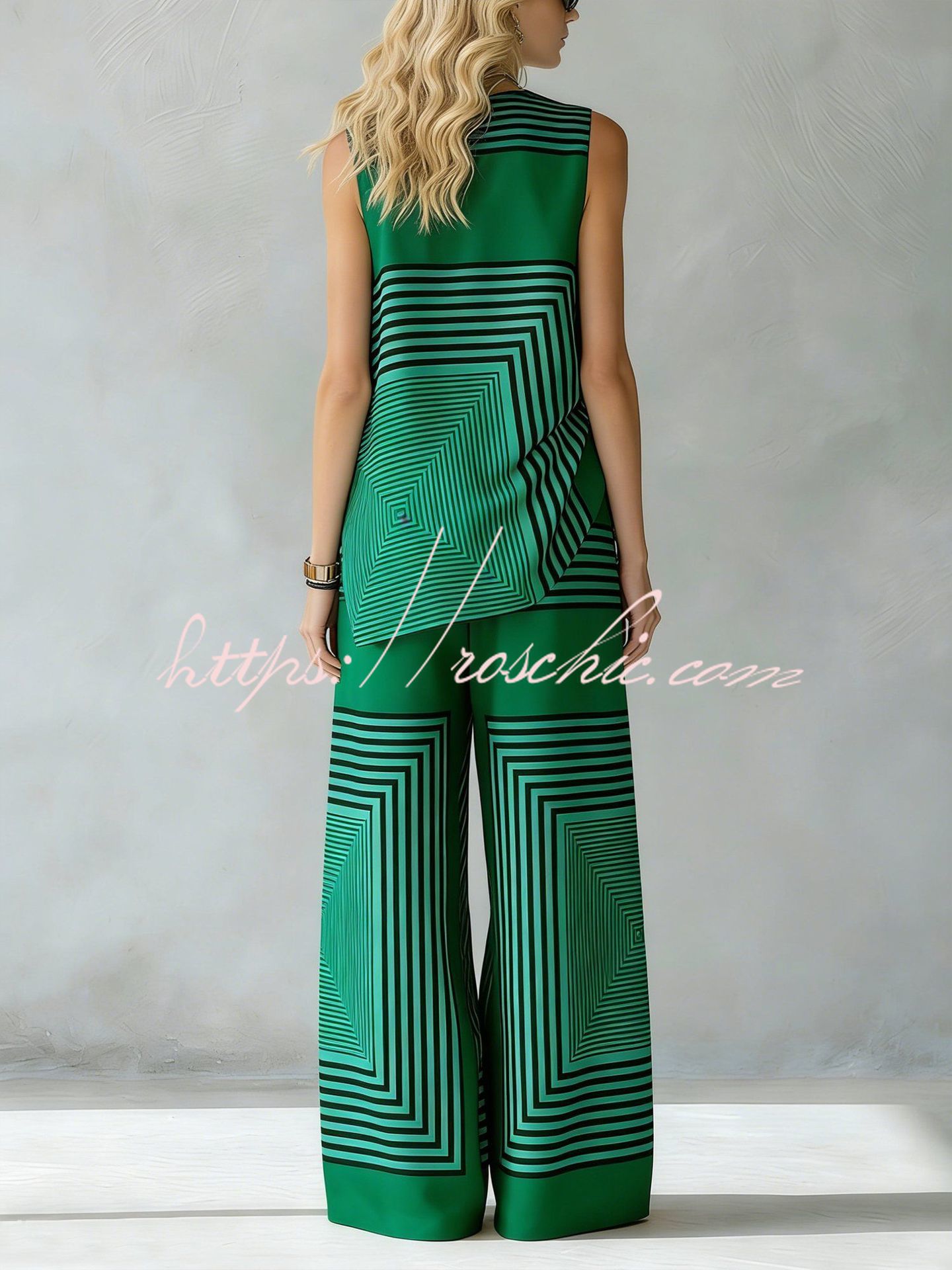 Geometric Print Loose-fitting Round Neck Sleeveless Top and Elastic Waist Casual Pocket Wide-leg Pants Set