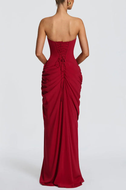 Cyra Back Lace-up Asymmetrical Pleats Strapless Slit Maxi Dress(Buy 2 Get Free Shipping)