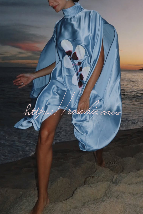 Luisa Satin Floral Print Pleated High-neck Batwing Cutout Sleeve Loose  Cape Mini Dress
