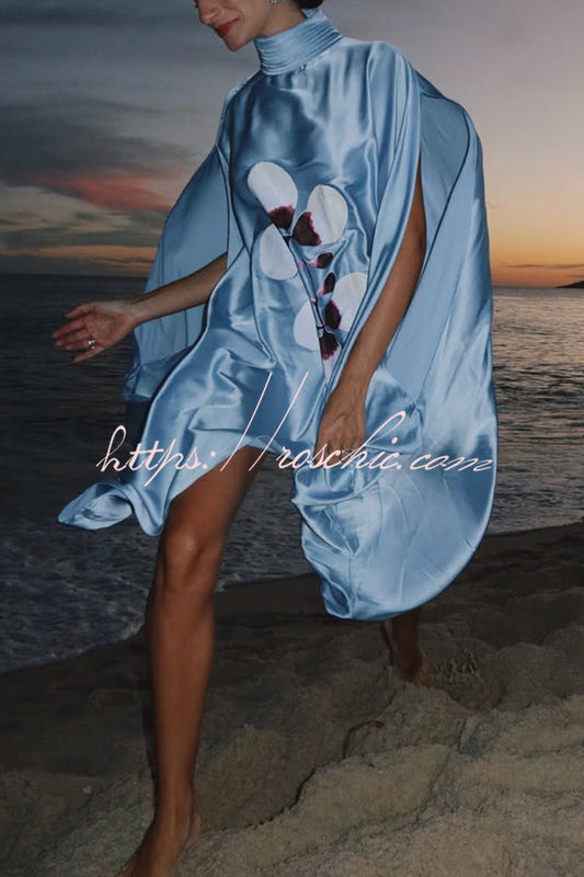 Luisa Satin Floral Print Pleated High-neck Batwing Cutout Sleeve Loose  Cape Mini Dress