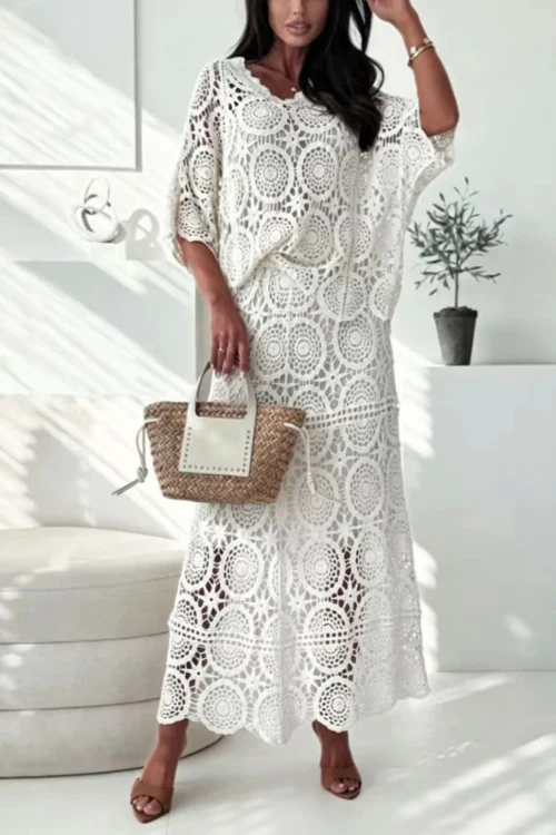 V Neck Half Sleeves Crochet Hollow Out Top