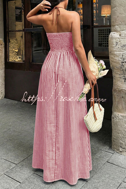 Striped Print V-Neck Sleeveless Backless Holiday Maxi Dress