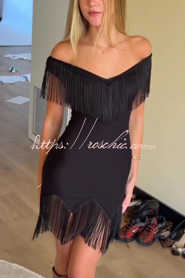 Solid Color V-neck Off-shoulder Slim-fit Tassel Mini Dress