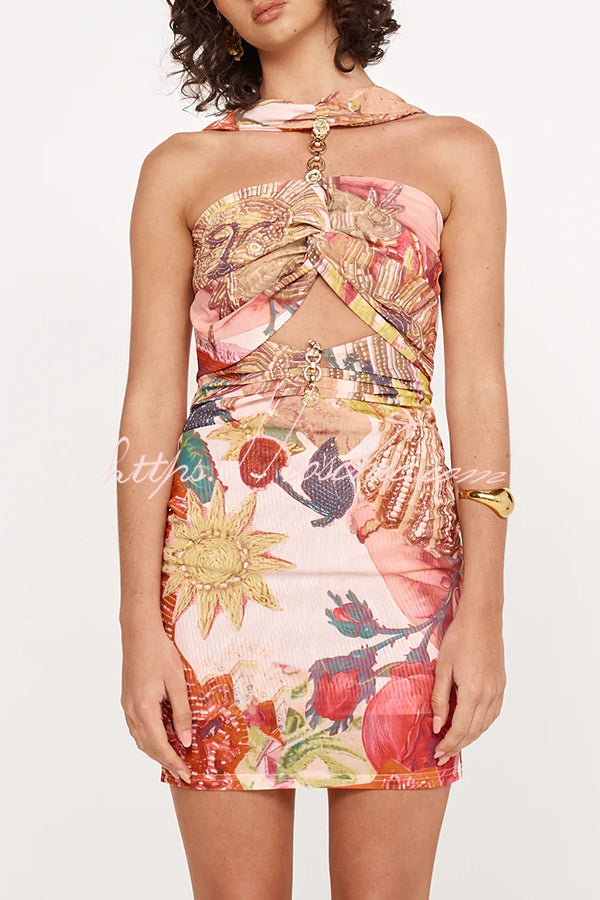 Geneva Mesh Rosette Hardware Cutout Ruched Stretch Mini Dress