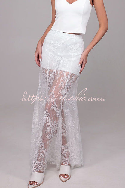 Queen Time Court-style Lace High Rise Elastic Waist Flare Maxi Skirt