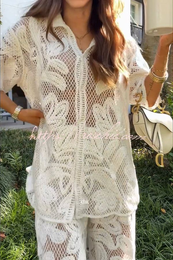 Lazy Vacation Knit Crochet Flowers Short Sleeve Shirt and Elastic Waist Loose Pants Set