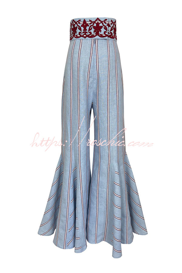 Delirio Linen Blend Floral Embroidery and Stripes Print High Rise Flare Hem Pants