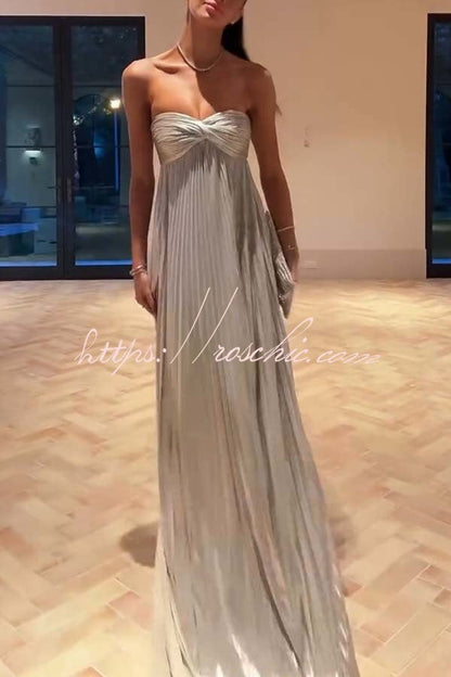 Night Elf Metallic Fabric Pleated Off Shoulder Twist Bust Slit Maxi Dress