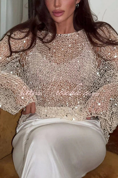 Fashion Sequined Hollow Long Sleeve Loose Knit Top