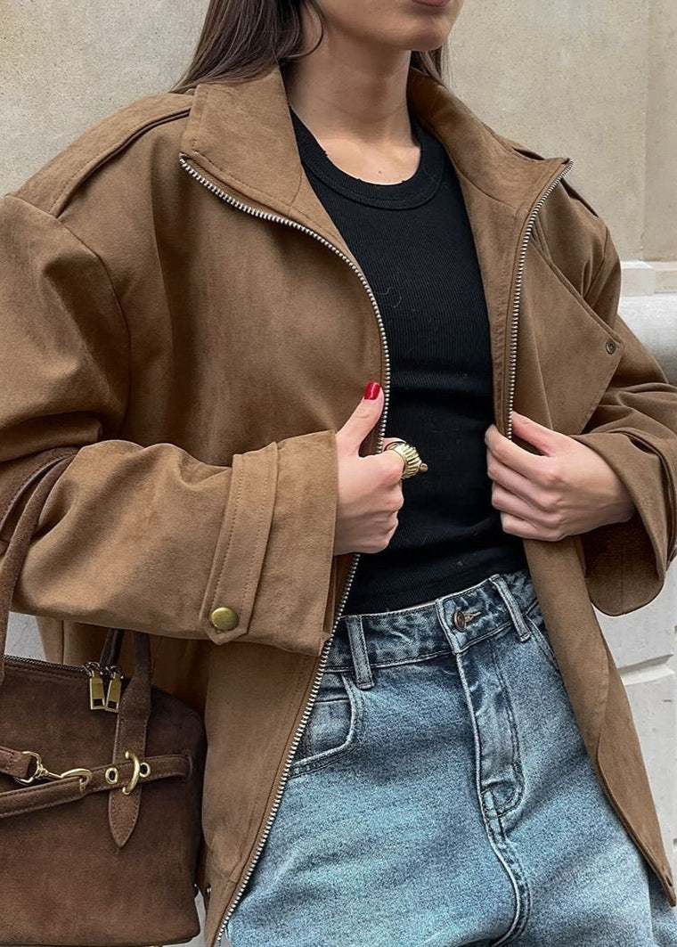 Sienna Faux Suede Bomber Jacket – Oversized Zip-Up with Drop Shoulders
