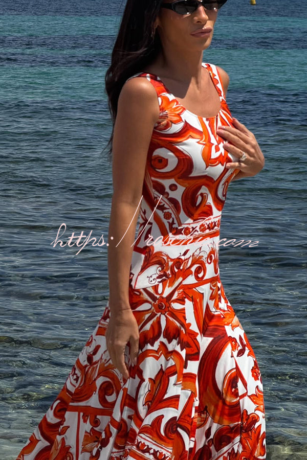 Arnell Contrast Color Artistic Floral Print Square Neck Pleated Hem Maxi Dress