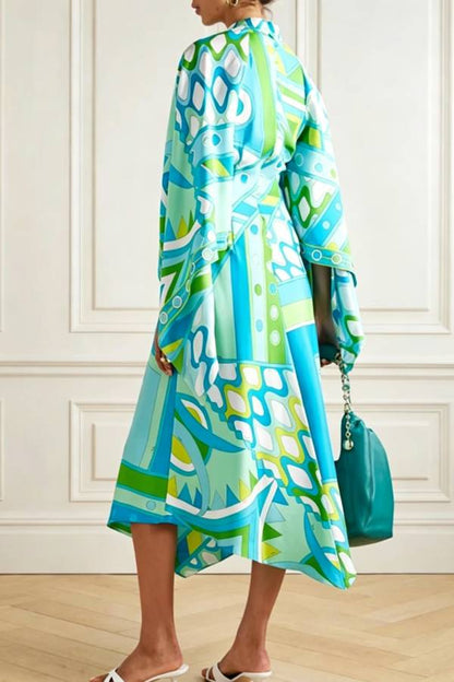 Pandora Satin Unique Art Print Button Up Bell Sleeve Shirt Midi Dress