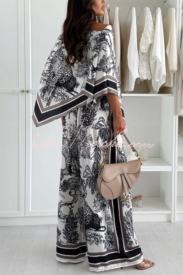 Jungle Themed Satin Unique Print Cape Top and Elastic Waist Pocket Wide Leg Pants Set