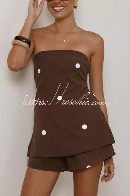 Polka Dot Print Sleeveless Off-shoulder Top and Elastic Waist Casual Pocket Shorts Set